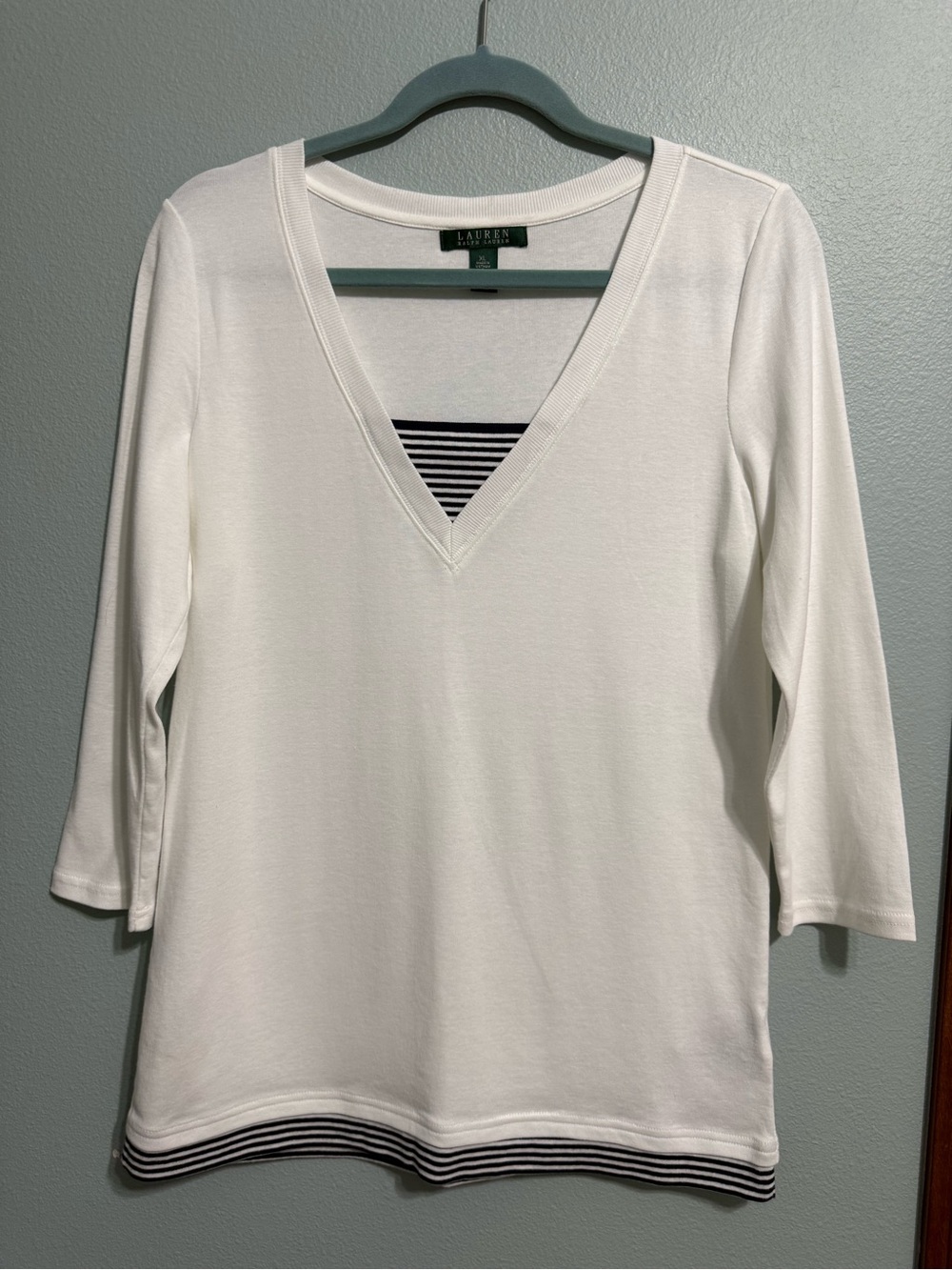 Lauren Ralph Lauren White V-Neck 3/4 Sleeve Top Twofer Layered Stripe XL